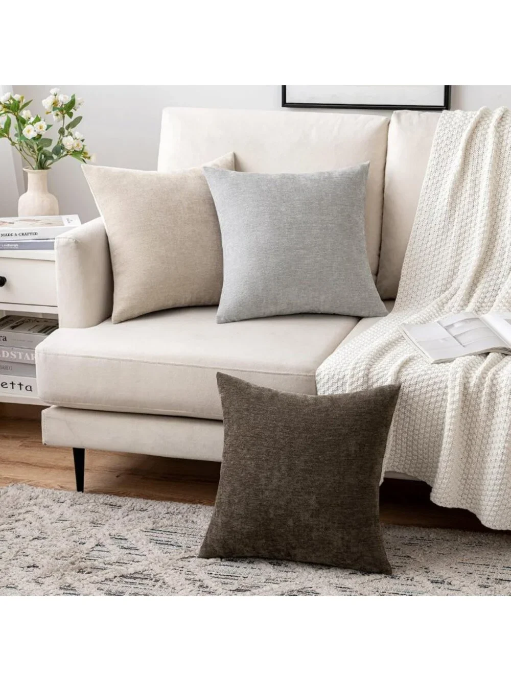 Soft Chenille Decorative Pillow Covers - Set of 2 Light Grey 18x18 Inch Cushions